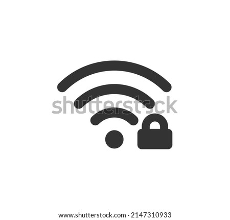 Wifi symbol and lock icon. Blocked wireless internet signal. Wi-Fi signal error. Failure wifi icon. Disconnected wireless internet signal. Vector illustration isolated on white background.