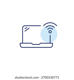 Símbolo Wi-fi no laptop. Conexão com a Internet, presença digital, atualização automática do sistema. Dispositivos online. Pixel perfeito, ícone de vetor de traçado editável