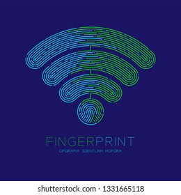 Wifi symbol pattern Fingerprint logo icon dash line, Internet wireless connect concept, Editable stroke illustration blue and green isolated on blue background with Fingerprint text and space, vector