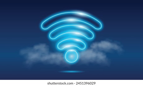 Wi-Fi Symbol: Wireless wifi Networking, wi fi Hotspot Hi-Tech Innovation Concept with Futuristic Blue Neon Glow in the Smoke. Vector Business Background