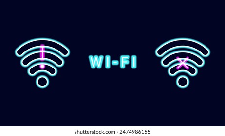 WiFi symbols neon effect dark background. Waves Wi Fi signal icon. Internet connection modern technology. Design web page billboard banner. Vector illustration.