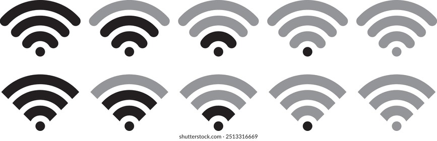 Wi-Fi-Symbole. Runde und flache Wi-Fi-Signalpegel, niedrige bis hohe Signal.