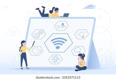 Wifi technology and connection concept. Online network, working plan, strategy management, sharing data analysis. Flat vector design illustration and icons.