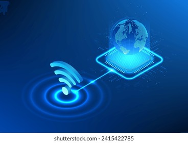 Tecnología WiFi con líneas de luz digitales conectadas a un microchip en la parte superior de un globo. Muestra Wi-Fi que transmite señales de Internet, accediendo a datos cibernéticos. comunicación, envío de información