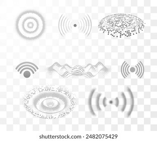 Tecnología Wi-Fi radar digital o sonar, efectos de onda de impacto de sonido. Conjunto de Vector de anillos de rejilla de puntos. Icono de onda de círculo concéntrico gris, exploración de ecolocalización de líneas radiales. Señal de antena de red