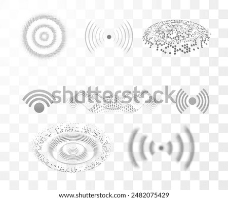 Wi-fi technology digital radar or sonar, sound impact ripple round effects. Dots grid rings vector set. Grey concentric circle wave icon, echolocation scan radial lines. Network antenna signal