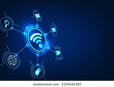 Wi-Fi technology, Wifi icon is inside the technology circle and the icon is integrated with the circuit board. Refers to the distribution of wireless signals to electronic devices to use the Internet.