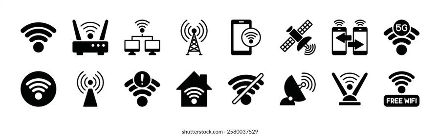 Wifi or wi-fi technology icon vector set. Contains wireless, internet, no signal, router, server, satellite dish, status bar, connection, 5G, network, antenna, free, internet, hotspot, tower, warning