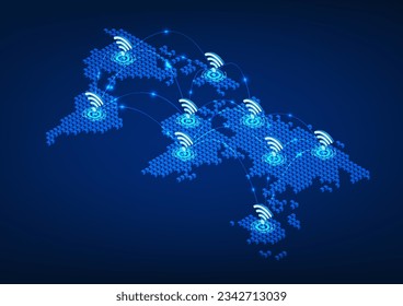 WiFi technology on an interconnected world map Refers to the Wi-Fi technology that is used around the world to access the Internet signal. access to communications isometric image