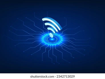 WiFi technology Placed on the technology circle with the connected technology circuit, Wi-Fi is a technology that emits a wireless signal to electronic devices. It is an isometric vector illustration.