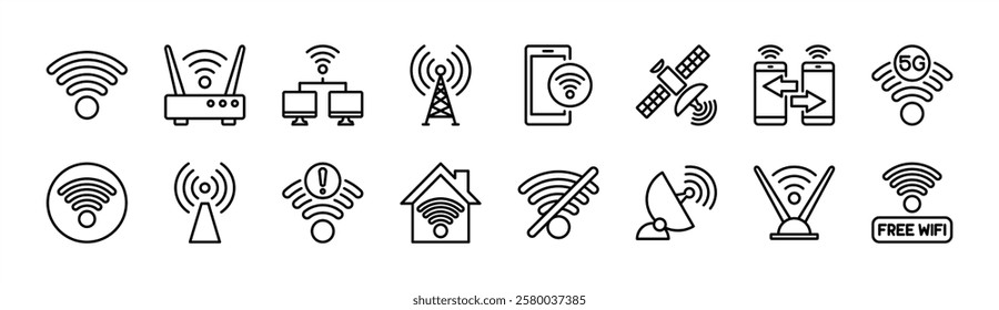 Wifi or wi-fi technology thin line icon set. Containing wireless, internet, no signal, router, server, satellite dish, status bar, connection, 5G, network, antenna, free, internet, hotspot, tower