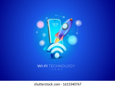Wifi technology wireless speed. Mobile display smartphone and Rocket takeoff icons set blue background illustration
