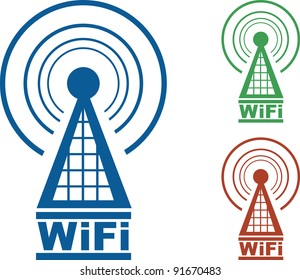 WiFi tower with radio waves in three colors.