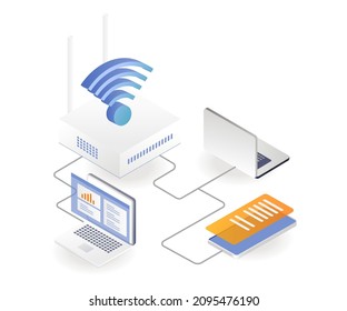 WLAN-Sender und Computerset mit Smartphone in isometrischer Abbildung