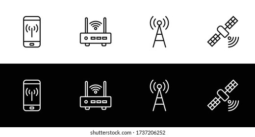 Conjunto de iconos de tipo transmisor Wifi. Colección de iconos de diseño plano aislada en fondo blanco y negro. Hotspot móvil, enrutador, torre y satélite.