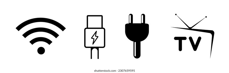 Los iconos del símbolo del símbolo del símbolo del cable USB de la TV WiFi están aislados en el fondo blanco. La tecnología inalámbrica permite a los equipos conectarse a Internet o comunicarse. Marca de etiqueta visual utilizada para transmitir instrucciones de información