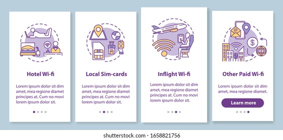 WI-fi types and local SIM-card onboarding mobile app page screen with concepts. Hotel and inflight paid Wi-fi walkthrough 4 steps graphic instructions. UI vector template with RGB color illustrations