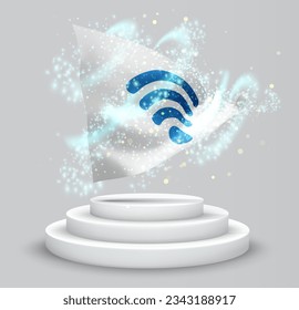 Wi-Fi, vector 3d flag on the podium surrounded by a whirlwind of magical radiance