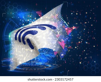 Wi-Fi,  vector flag, virtual abstract 3D object from triangular polygons on a blue background