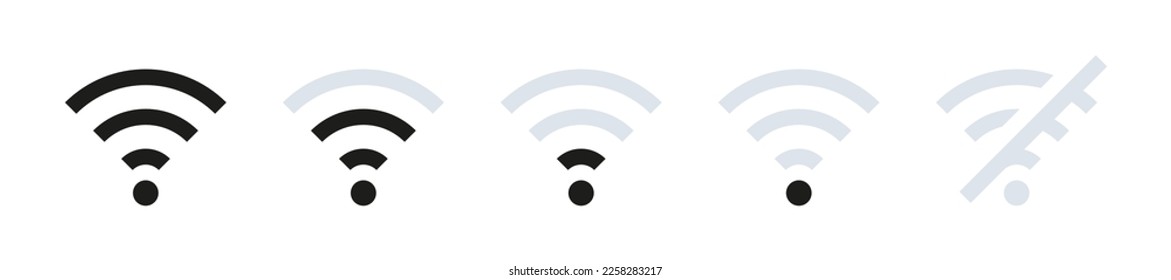 WI-FI vector icons. WiFi zone sign. Free wifi icon set. Wireless network technology icons. Internet connection symbol. Wireless level and wifi signal. WI-Fi signal level. EPS 10