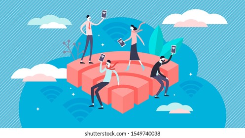 Wifi vector illustration. Flat tiny public wireless network persons concept. Hotspot technology for cellular phones online download and upload. Modern users scene with electronic wave signal symbol.