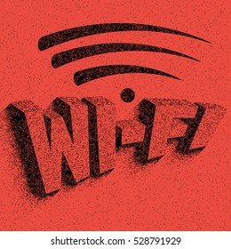 Wi-FI. Vector image volumetric letters. Logo.Grunge. Black letters, red background.