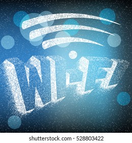 Wi-FI. Vector image volumetric letters. Logo.Grunge. Blurred background. Loose letters