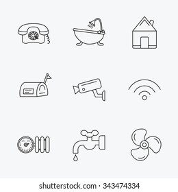 Wifi, vide camera and mailbox icons. Real estate, bath and water supply linear signs. Radiator with heat regulator, phone icons. Linear black icons on white background.