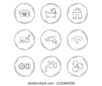 Wifi, video camera and mailbox icons. Real estate, bath and water supply linear signs. Radiator with heat regulator, phone icons. Linear Circles web buttons with icons. Vector