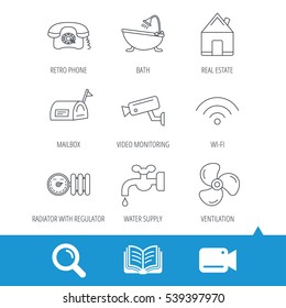 Wifi, video camera and mailbox icons. Real estate, bath and water supply linear signs. Radiator with heat regulator, phone icons. Video cam, book and magnifier search icons. Vector