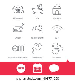 Wifi, video camera and mailbox icons. Real estate, bath and water supply linear signs. Radiator with heat regulator, phone icons. New tag, speech bubble and calendar web icons. Vector