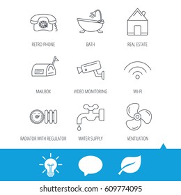 Wifi, video camera and mailbox icons. Real estate, bath and water supply linear signs. Radiator with heat regulator, phone icons. Light bulb, speech bubble and leaf web icons. Vector