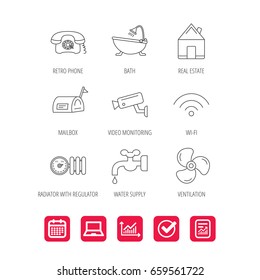 Wifi, video camera and mailbox icons. Real estate, bath and water supply linear signs. Radiator with heat regulator, phone icons. Report document, Graph chart and Calendar signs. Vector