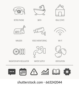 Wifi, video camera and mailbox icons. Real estate, bath and water supply linear signs. Radiator with heat regulator, phone icons. Education book, Graph chart and Chat signs. Vector
