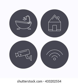 Wifi, video camera and real estate icons. Bath linear sign. Flat icons in circle buttons on white background. Vector