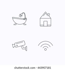 Wifi, video camera and real estate icons. Bath linear sign. Flat linear icons on white background. Vector