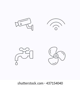 Wifi, video camera and ventilation icons. Water supply linear sign. Flat linear icons on white background. Vector