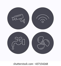 Wifi, video camera and ventilation icons. Water supply linear sign. Flat icons in circle buttons on white background. Vector