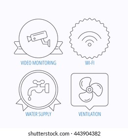 Wifi, video camera and ventilation icons. Water supply linear sign. Award medal, star label and speech bubble designs. Vector