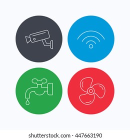 Wifi, video camera and ventilation icons. Water supply linear sign. Linear icons on colored buttons. Flat web symbols. Vector