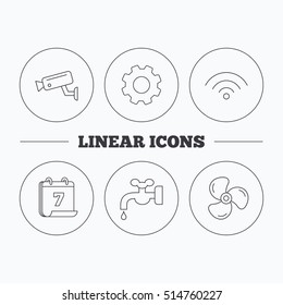 Wifi, video camera and ventilation icons. Water supply linear sign. Flat cogwheel and calendar symbols. Linear icons in circle buttons. Vector