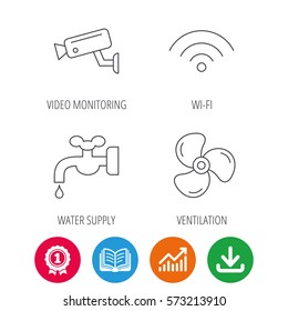 Wifi, video camera and ventilation icons. Water supply linear sign. Award medal, growth chart and opened book web icons. Download arrow. Vector