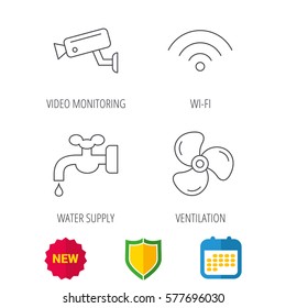 Wifi, video camera and ventilation icons. Water supply linear sign. Shield protection, calendar and new tag web icons. Vector