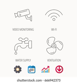 Wifi, video camera and ventilation icons. Water supply linear sign. Calendar, Graph chart and Cogwheel signs. Download colored web icon. Vector