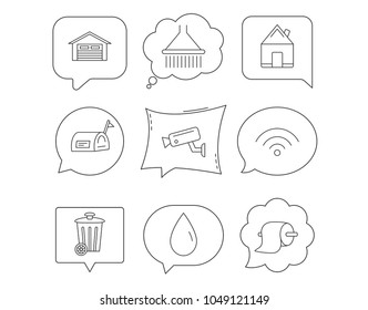 Wi-fi, video monitoring and real estate icons. Toilet paper, shower and water drop linear signs. Trash, garage flat line icons. Linear Speech bubbles with icons set. Comic chat balloon. Vector