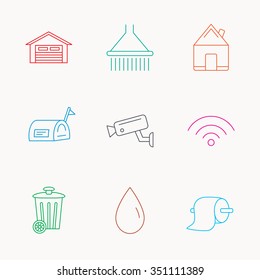 Wi-fi, video monitoring and real estate icons. Toilet paper, shower and water drop linear signs. Trash, garage flat line icons. Linear colored icons.