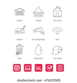 Wi-fi, video monitoring and real estate icons. Toilet paper, shower and water drop linear signs. Trash, garage flat line icons. Report document, Graph chart and Calendar signs. Vector
