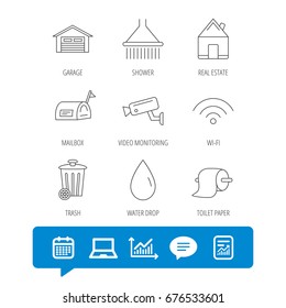 Wi-fi, video monitoring and real estate icons. Toilet paper, shower and water drop linear signs. Trash, garage flat line icons. Report file, Graph chart and Chat speech bubble signs. Vector