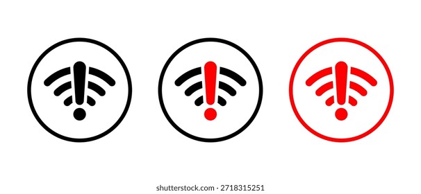 Ícone de aviso de WiFi em contorno circular. Alerta de conexão com a Internet e símbolo de problema de rede
