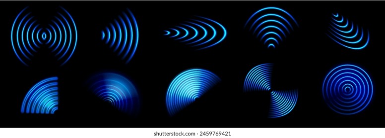 Wifi wave. 3d wifi blue neon light radial waves effect, abstract internet wireless glowing signal sign. Sound scan radar, mobile hotspot technology vector set. Digital technology, signal